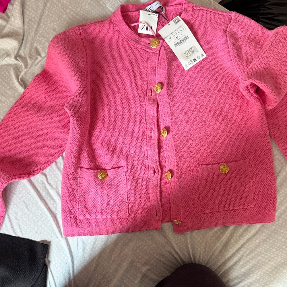 Zara Bright Pink Textured Knit Cardigan with Gold Buttons